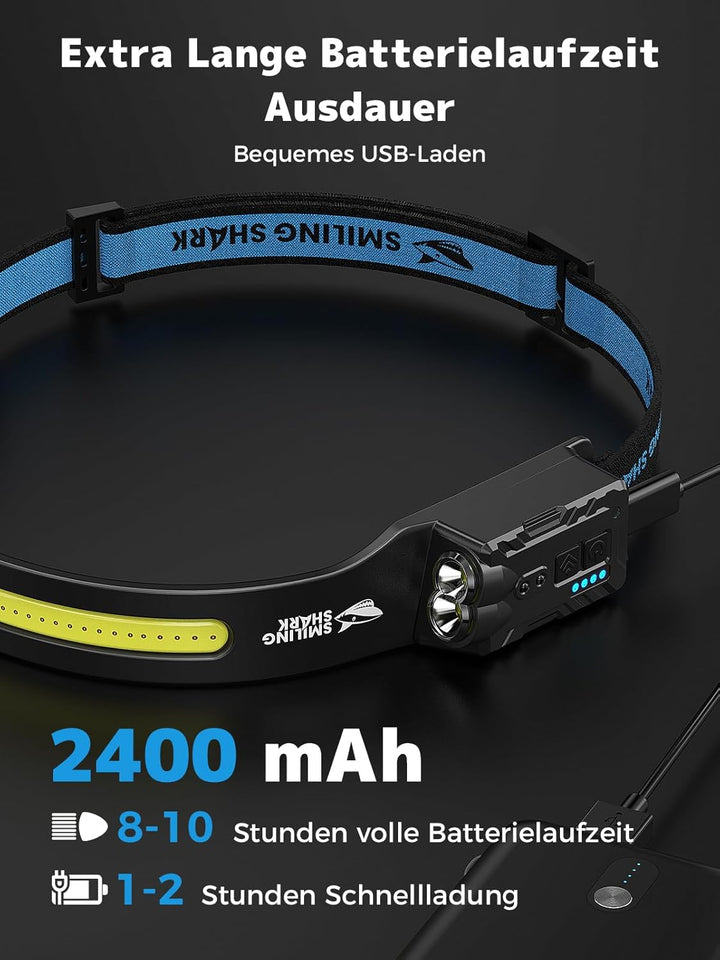 Smiling Shark Kopflampe, 2400mAh Ultra-Helle Wiederaufladbare Headlamp 2 Stück Weisses Licht & 2*Sch