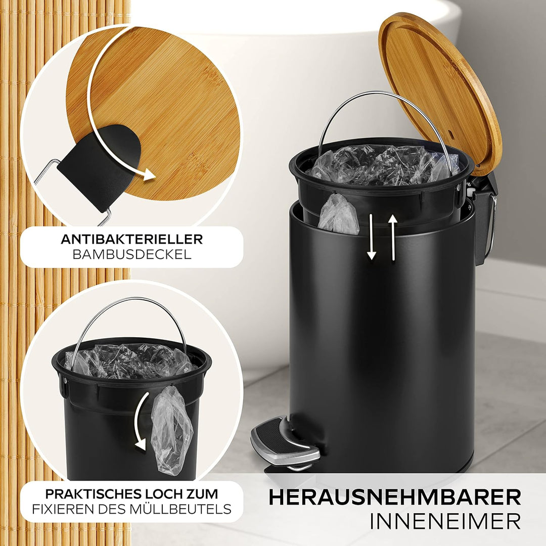 Kosmetikeimer aus Edelstahl mit Bambusdeckel (5 Liter, schwarz) - Badezimmer Abfalleimer mit Absenka