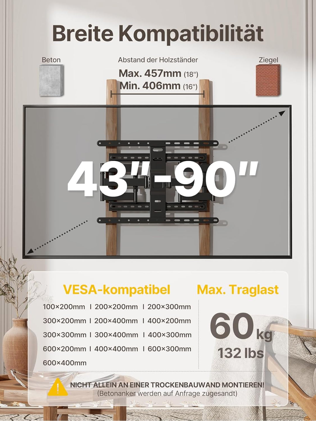 monTEK Ultra Slim TV Wandhalterung Schwenkbar für 43-90 Zoll Fernseher, 1,1" dünne TV Halterung Voll