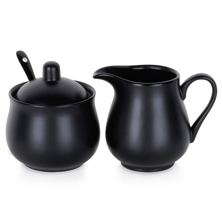 Vilde Milchkännchen und Zuckerdose Set aus Porzellan 2-teilig mit Deckel Löffel Schwarz - Modern Kaf