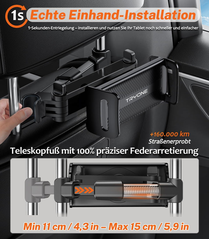 TRYONE Tablet Halterung Auto, Tablet Halter Kopfstütze - Ausziehbare KFZ-Kopfstützenhalterung für iP