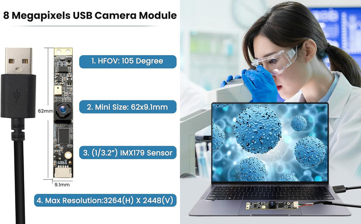 ELP USB Kamera 8MP 30fps USB Kameramodul mit Mikrofon 105 Grad Weitwinkelobjektiv Lightburn Kamera P