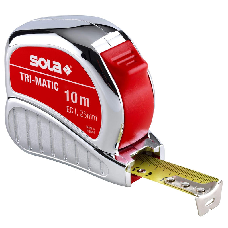 SOLA Bandmass - TRI-MATIC - 10m / 25mm - Profi-Taschenbandmass mit Gürtelclip - Stahlband, gelb lack