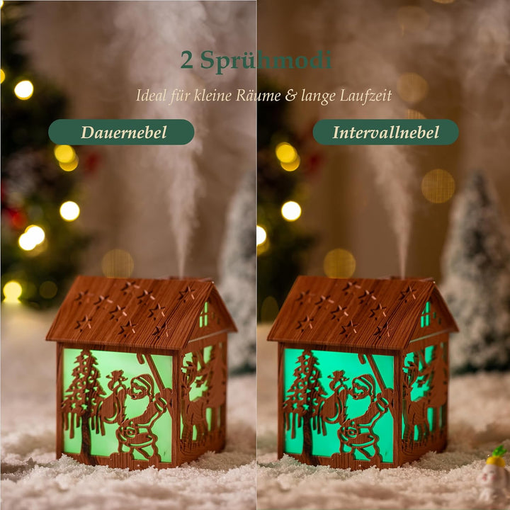 Mini Luftbefeuchter Weihnachten – 240ml Cool Mist Holzoptik USB Tischgerät mit LED Licht & Weihnacht