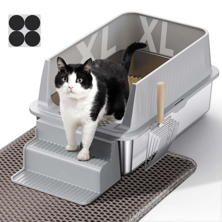 PKBD XXL Katzenklo Edelstahl, 60x40x30cm, 32L mit Abnehmbarer Abdeckung und Auslaufsicherer Hoher Ra