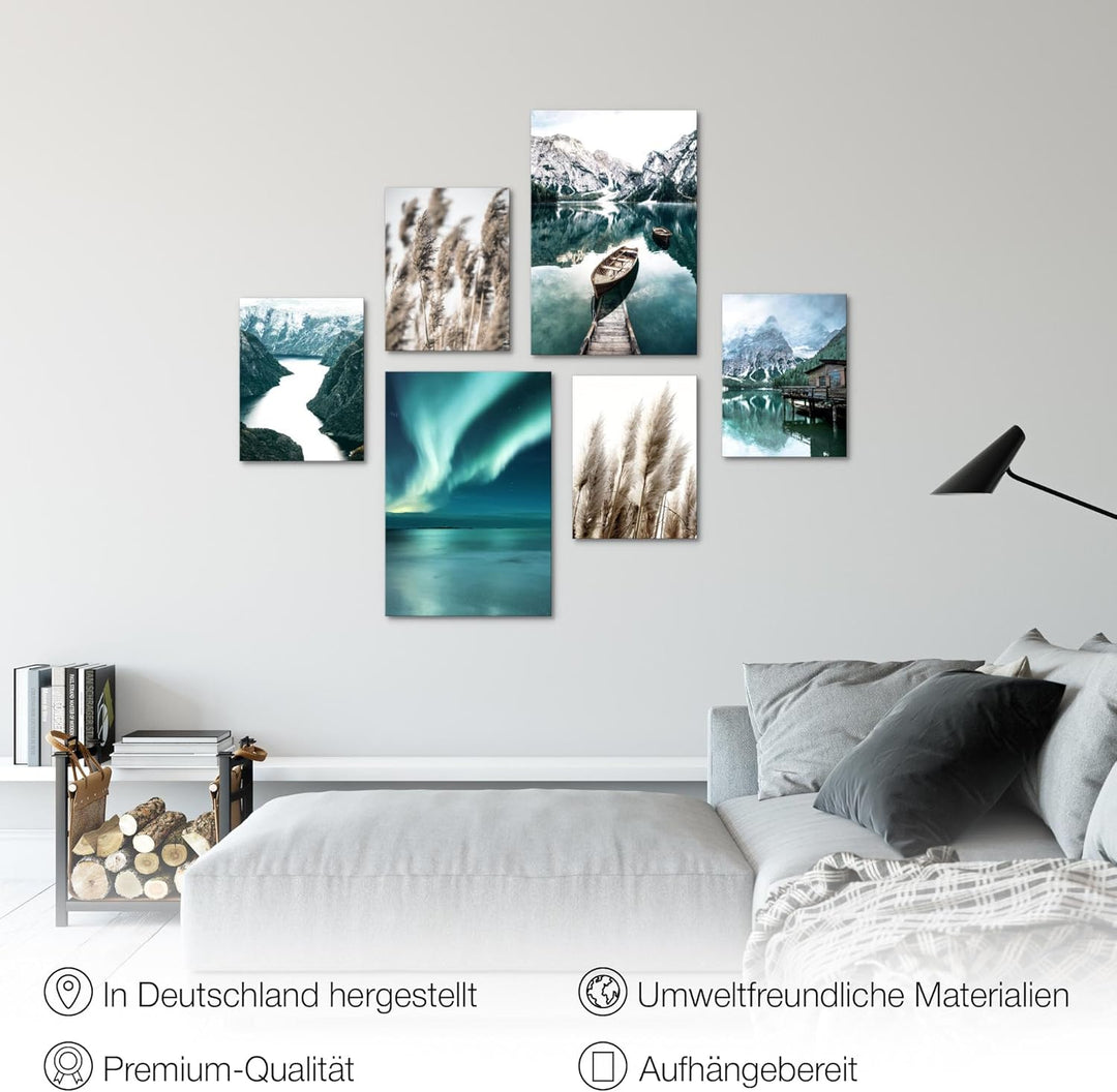 Novart Wandbilder Set Natur Berge See Aurora Grün - KEIN EXTRA RAHMEN BENÖTIGT - Modern Deko - Wohnz