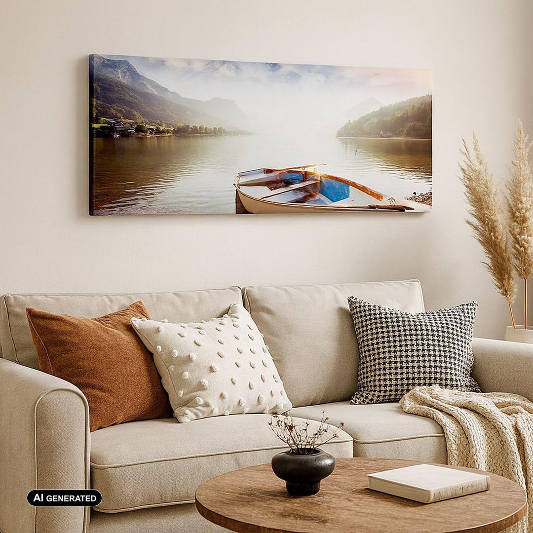 Wandbilder Dekoration Wohnzimmer Berge See Boot Panorama Bilder auf Leinwand 120x50cm Leinwandbild m