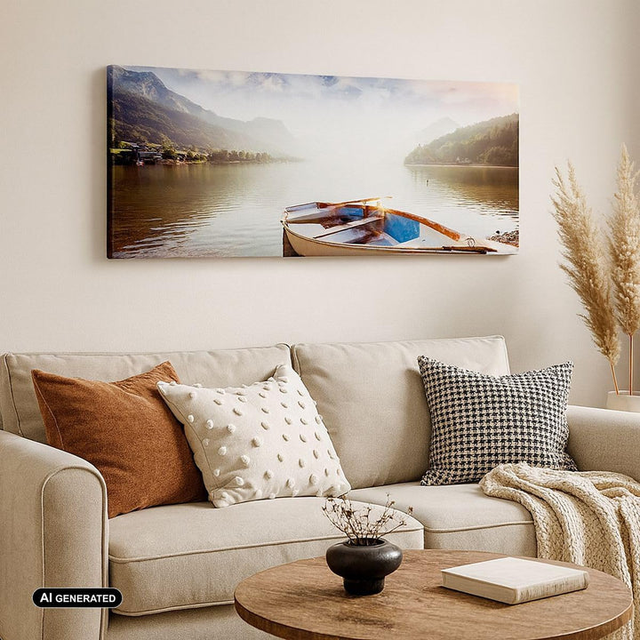 Wandbilder Dekoration Wohnzimmer Berge See Boot Panorama Bilder auf Leinwand 120x50cm Leinwandbild m