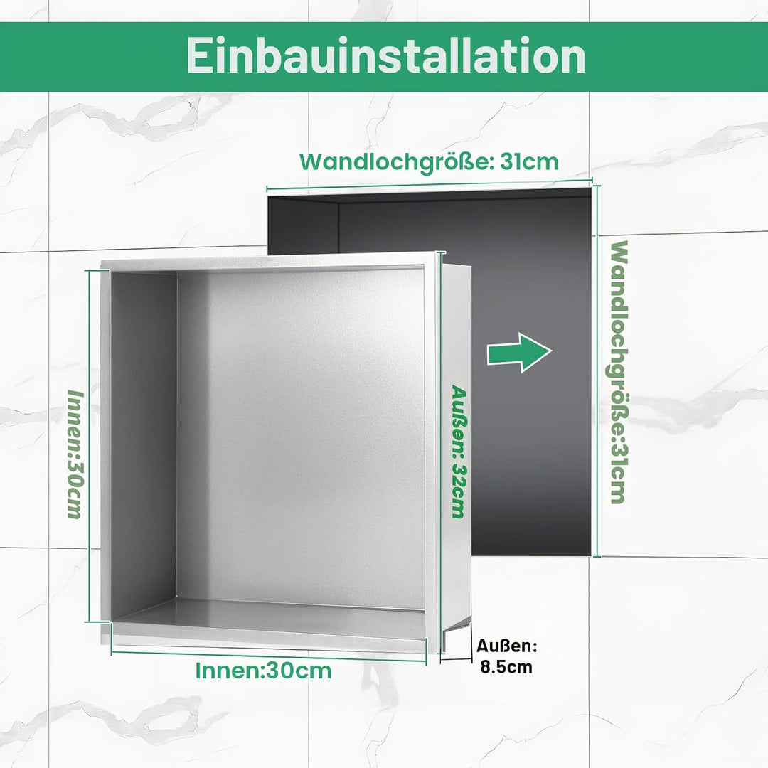 DBREAKS Wandnische Dusche Edelstahl 32 x 32 x 8,5 cm, Silber Duschnische Eingebettete Lagerung, Dusc