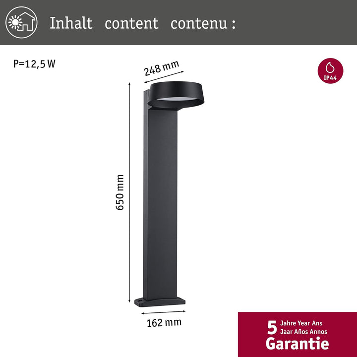 Paulmann 94790 LED Pollerleuchte Capea Grand IP44 11,5W 1050lm 650mm Anthrazit Alu Druckguss 3000K