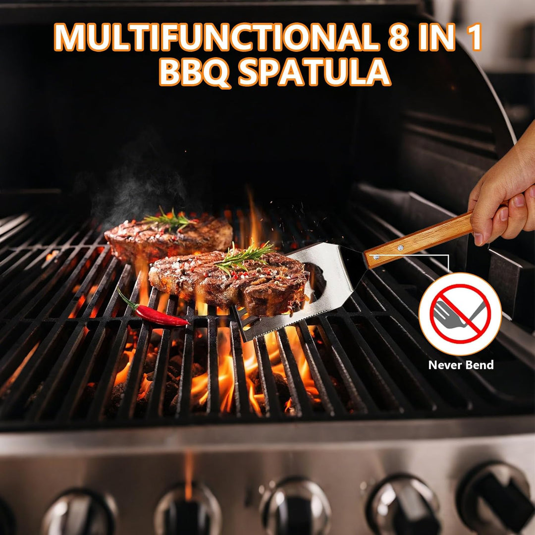Grillbesteck Set 3-teilig Extra Lang – Edelstahl Grillbesteck mit Holzgriff & Tasche, Grillzubehör m