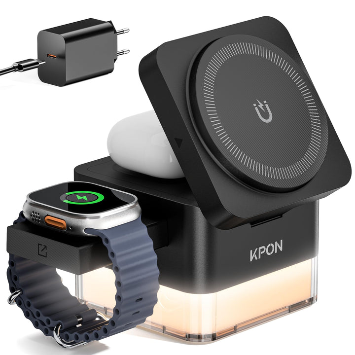 KPON Ladestation Apple Watch und iPhone für Magsafe, 3-in-1 Cube Induktive Ladestation mit Magsafe L
