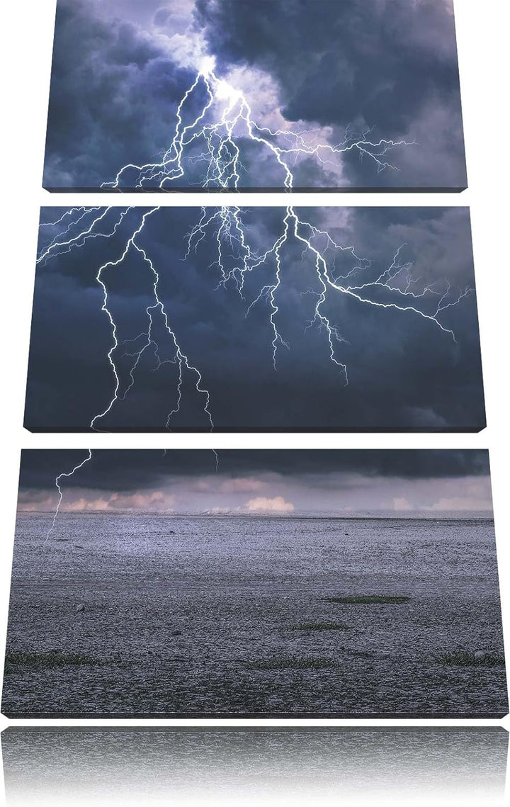 Pixxprint Gewitter über Meer als Leinwandbild | Grösse: 3 Teilig (120x80) | Wandbild| Kunstdruck | f