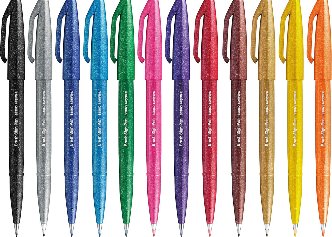 Pentel SES15C Brush Sign Pen Marker Flexible Spitze 12 Farben ass.ti &amp; SES15C Brush Sign Pen Set 4 t