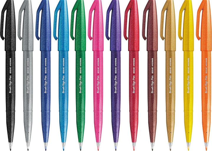 Pentel SES15C Brush Sign Pen Marker Flexible Spitze 12 Farben ass.ti &amp; SES15C Brush Sign Pen Set 4 t
