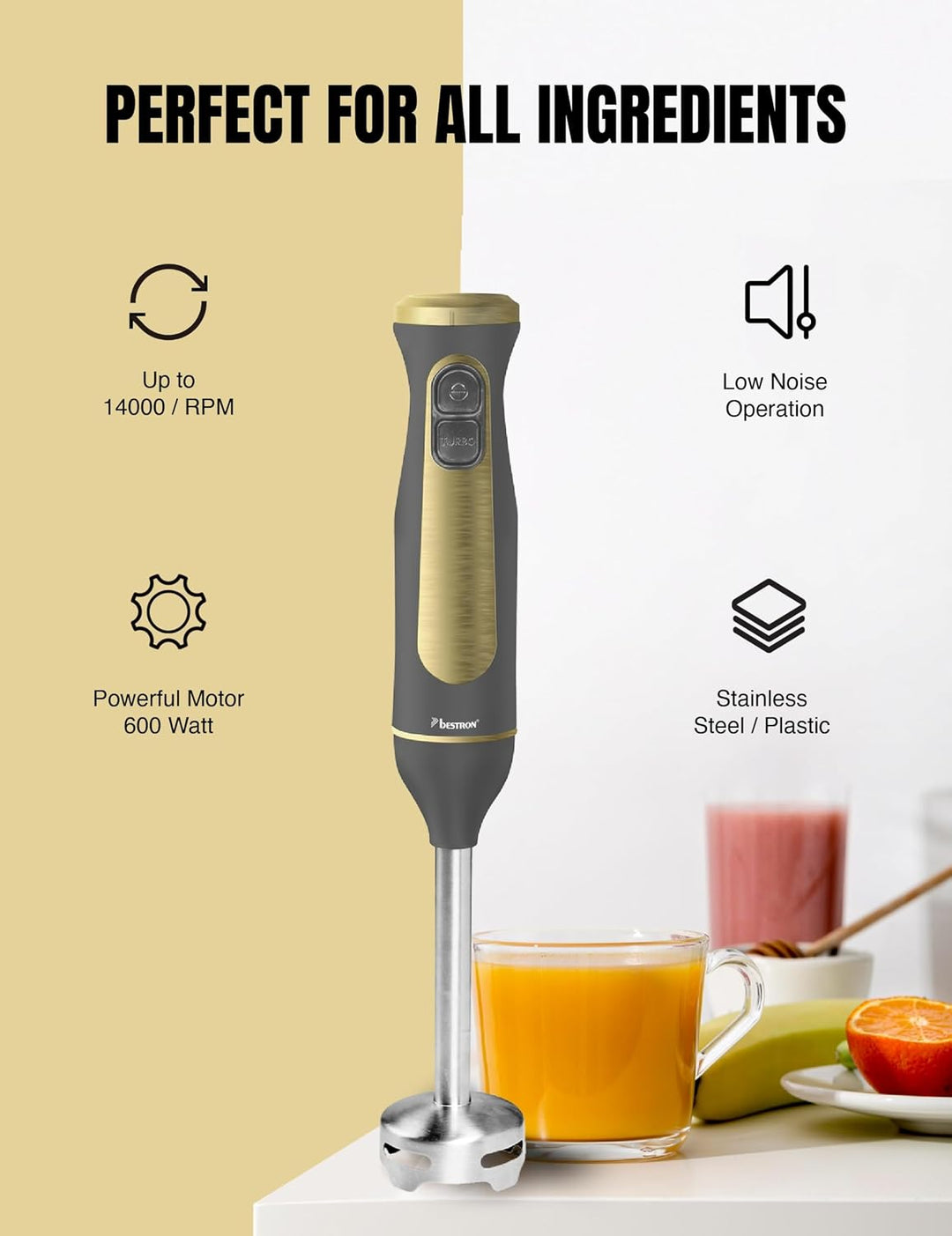 Bestron Stabmixer, Pürierstab mit 2 Geschwindigkeitsstufen &amp; ergonomischer Handgriff, inkl. Turbofun