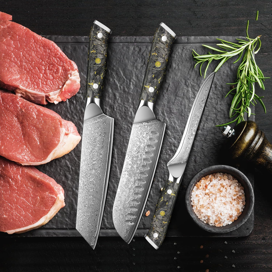 Home Safety Damast Santoku Messerset 3STK - Damast Küchenmesser Set mit 14.5-18 cm Klinge aus Kirits