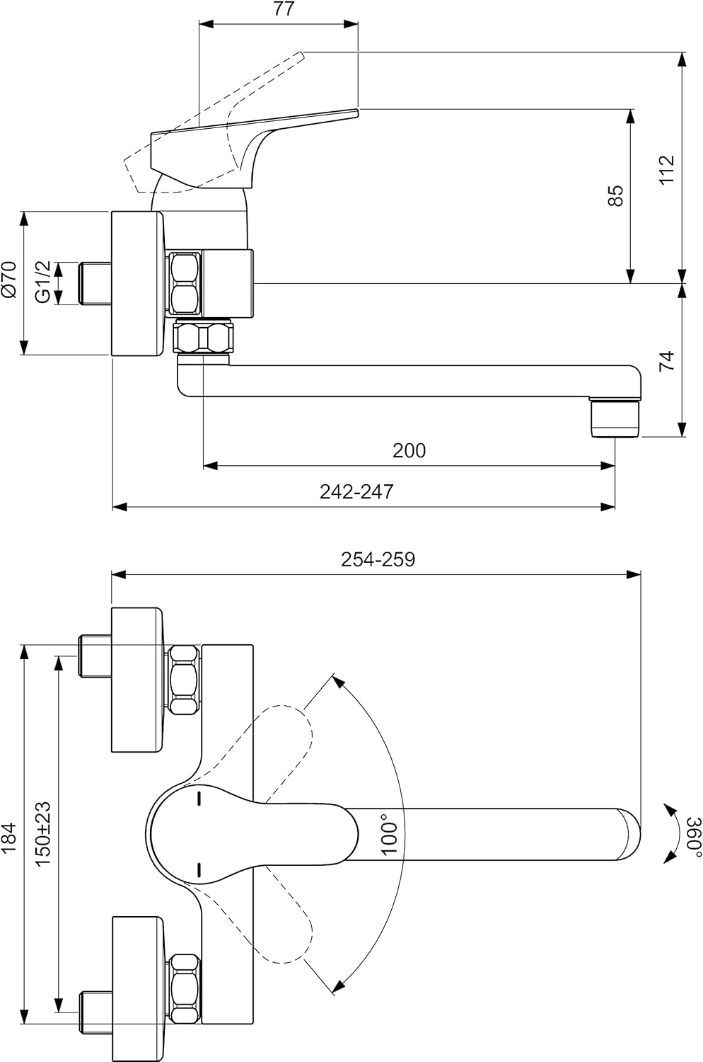 Ideal Standard BD488AA Cerabase Wand-Küchenarmatur, 360 ° Drehbarer Wasserhahn Küche, Mischbatterie