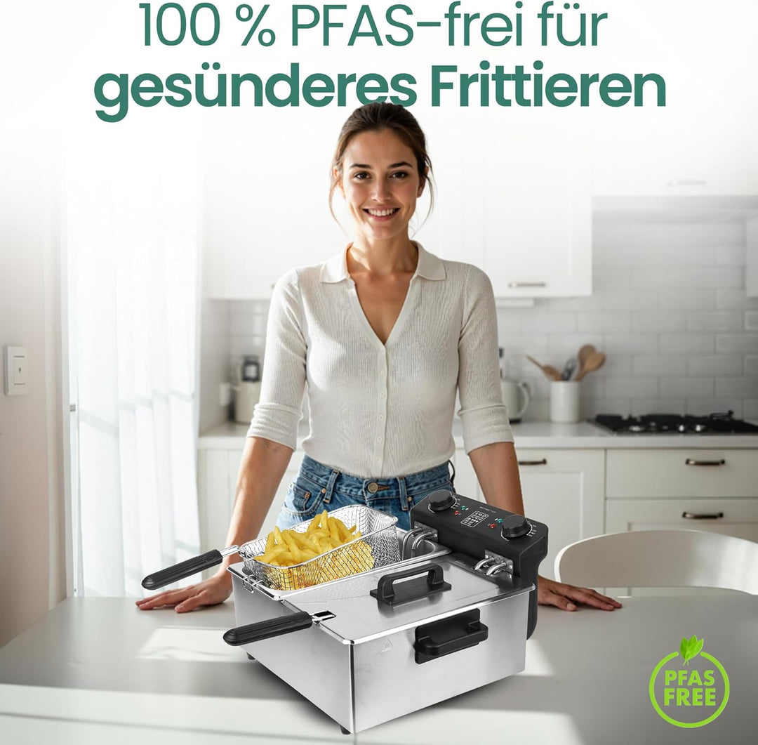 EMERIO 2x 3.0L Öl-Fritteuse mit Kaltzonen Technologie | Doppelkammer | Thermostat | kein bitterer Ge