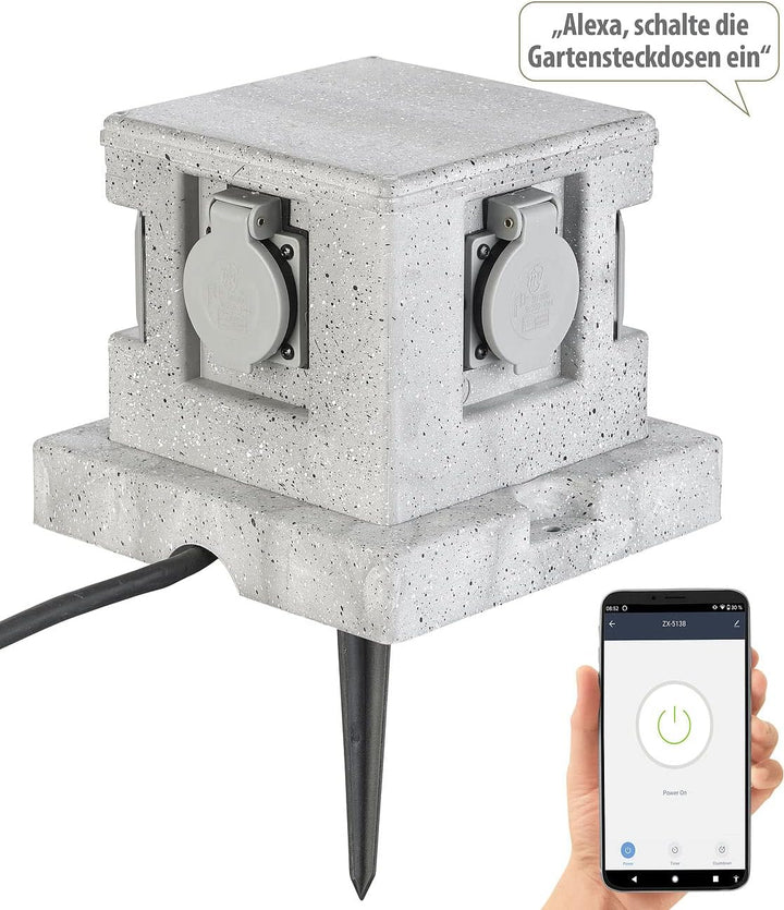 Royal Gardineer Steckdosenstein: 4-fach-WLAN-Garten-Steckdose, App, Sprachbefehl, 16 A, 3.680 W, IP4