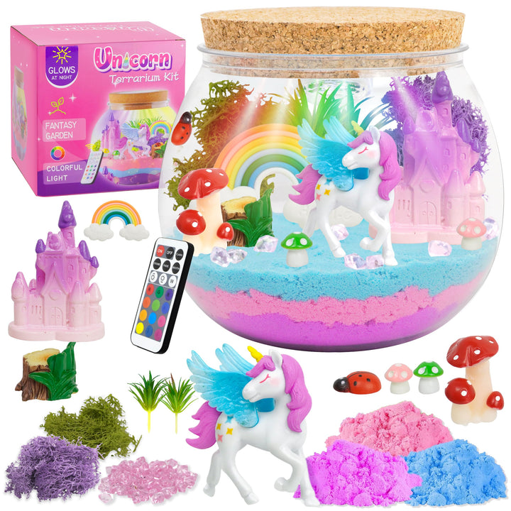 Einhorn Terrarium für Mädchen, Bastelset mit Fernbedienung und bunten Lichtern, Nachtlicht für Gebur