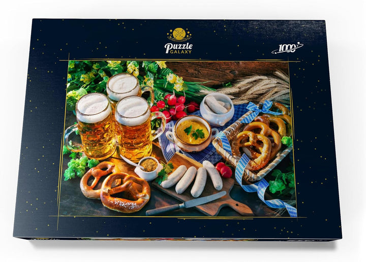 Oktoberfest-Menü, Bayerische Würstchen mit Brezeln, süssem Senf und Bierkrügen - Premium 1000 Teile