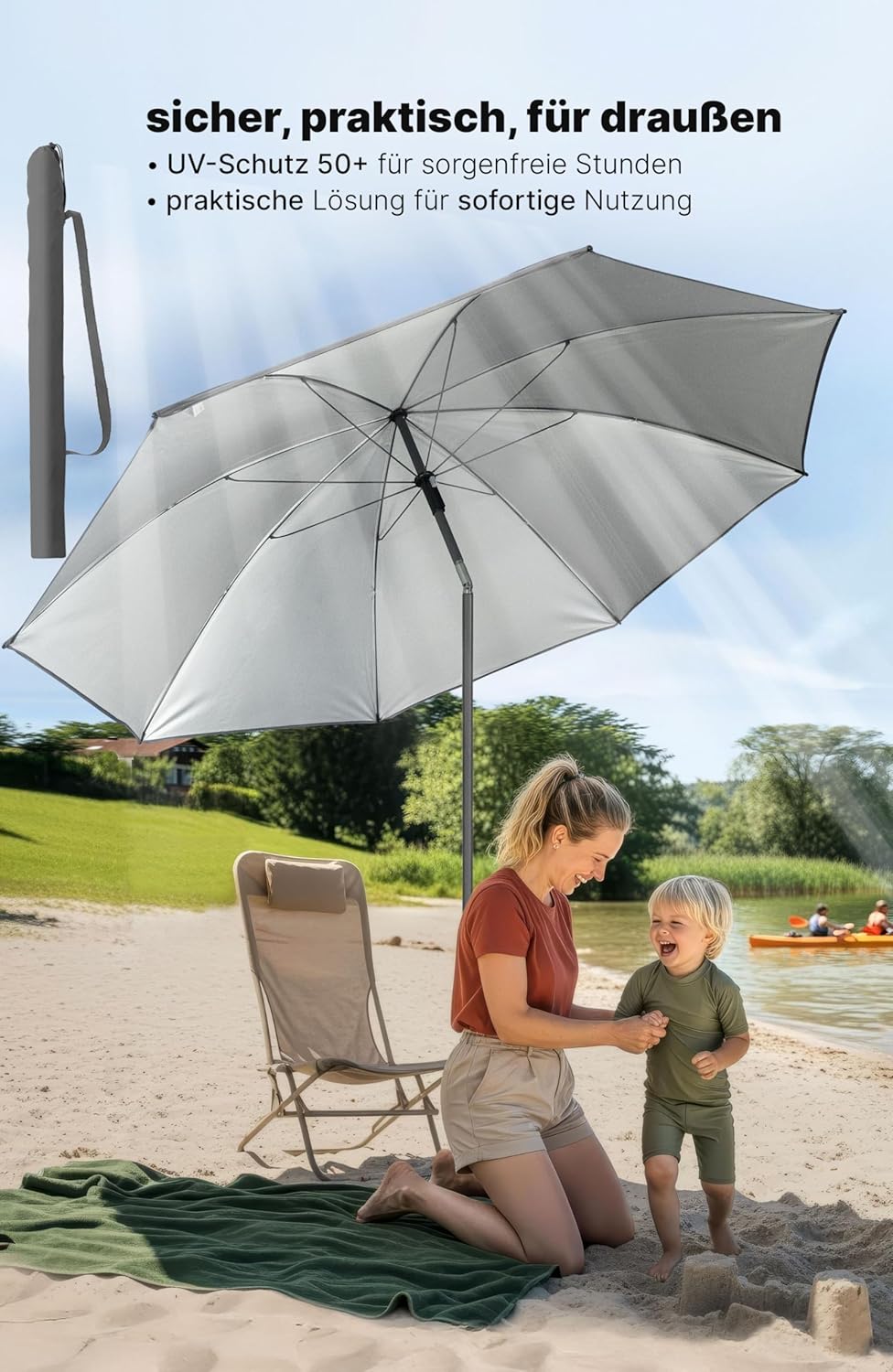 4smile Sonnenschirm Strand SunnyJoy, Anthrazit - UPF 50+ Strandschirm Ø 180 cm, sicherer Sonnenschut