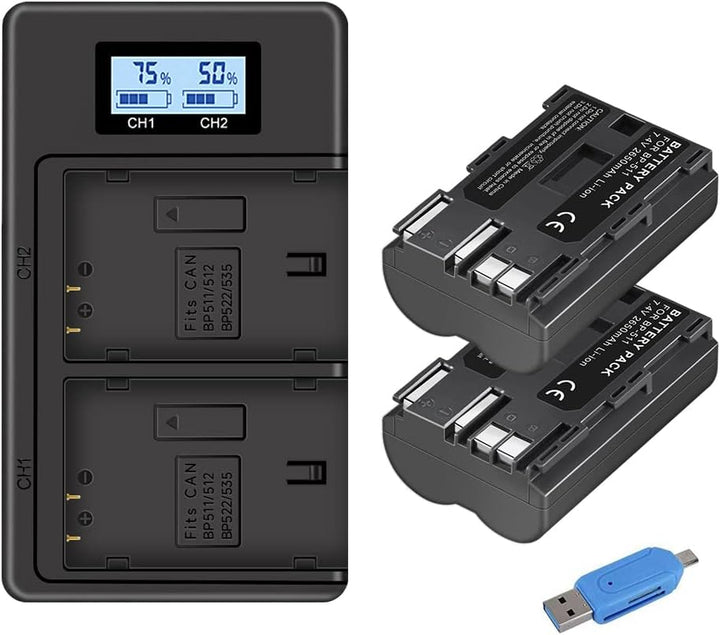 CITYORK 2 Pack 2650mAh BP-511 Akku + Dual LCD USB Ladegerät für Canon BP-511 BP-511A Canon EOS 5D, 5