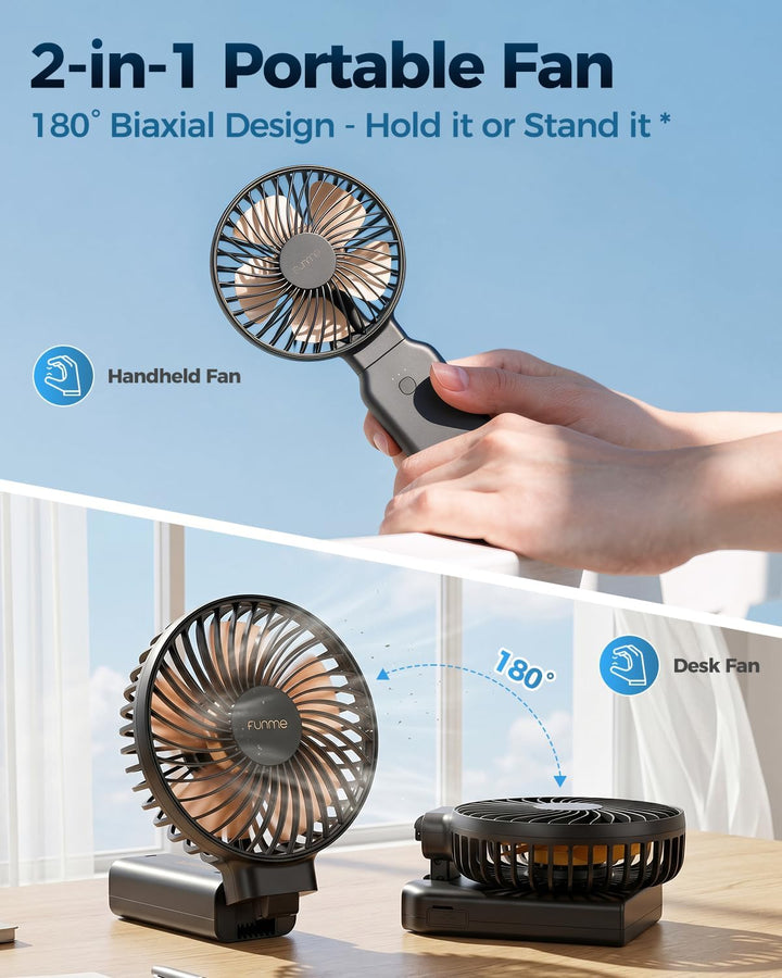 Funme Handventilator 10000mAh, 53H Laufzeit Tragbarer Lüfter mit Powerbank, Ventilator Hand 4 Stufen