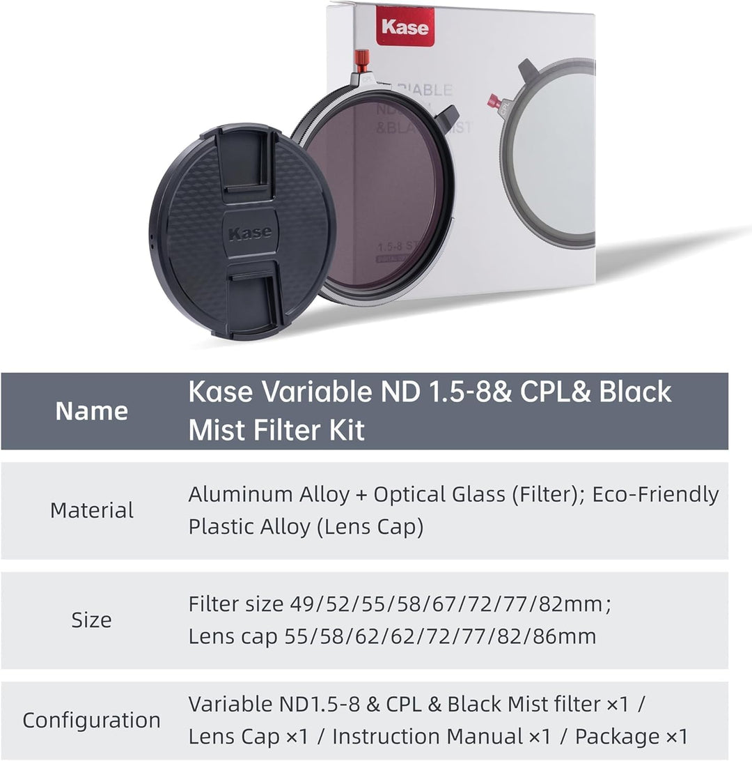 Kase 77 mm Filter 3-in-1 VND+CPL + Black Mist mit Adapterring 72 – 77 mm, variabel 1,5-8 Stops (ND3-