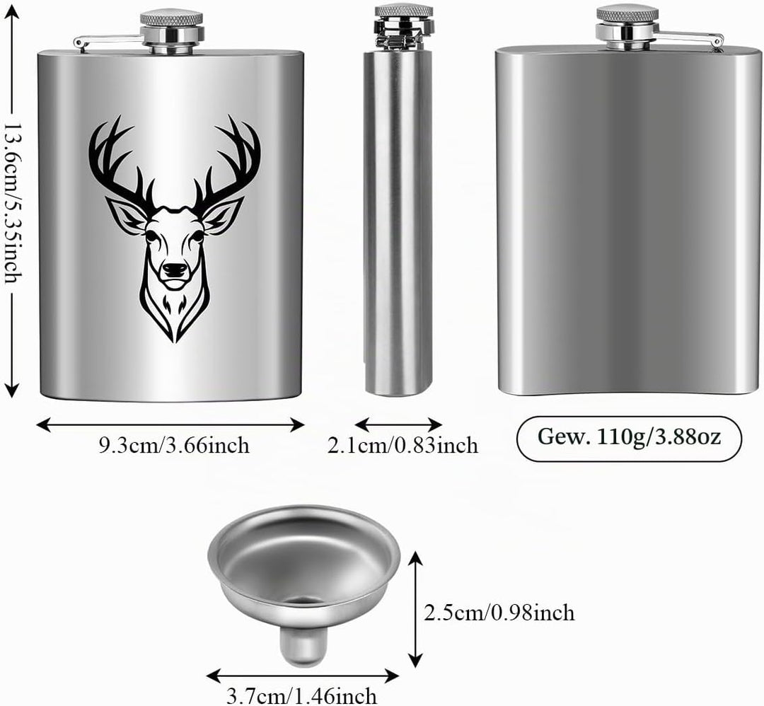 8oz/237ml Edelstahl Flachmann, Taschenflasche, mit Trichter und Grusskarte, Geschenkbox, Schwarz Hir