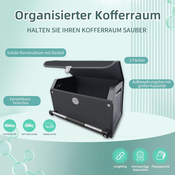 Auto Kofferraum Organizer mit Deckel, Premium Leder Kofferraumtasche mit stabilem Griff, Multifunkti