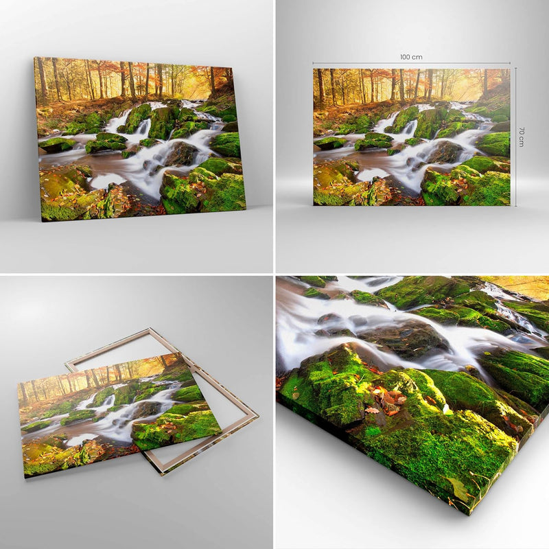 ARTTOR Bilder auf Leinwand 100x70cm Leinwandbild Sonne Berg Bach Park Gross Wanddeko Bild Schlafzimm