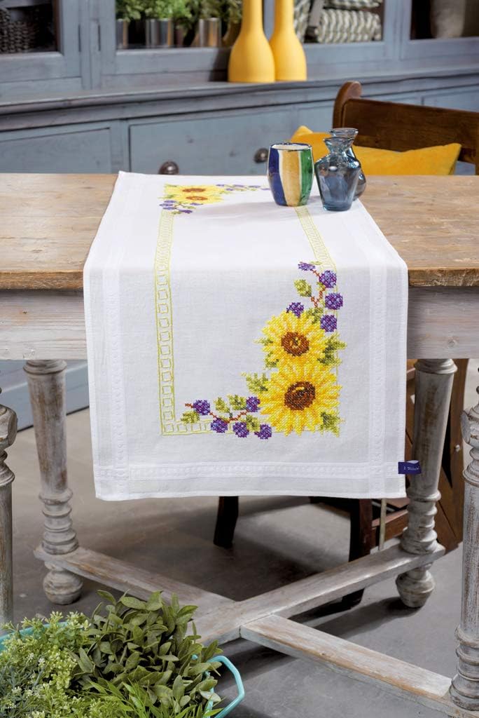 Vervaco Tischläufer Sonnenblümchen Stickpackung/Läufer im vorgedruckten/vorgezeichneten Kreuzstich,