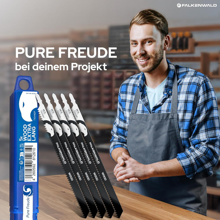 FALKENWALD® Stichsägeblätter Holz 5x T1044DP – Extra Lang 250 mm - Tiefe Schnitte bis 190 mm - T-Sch