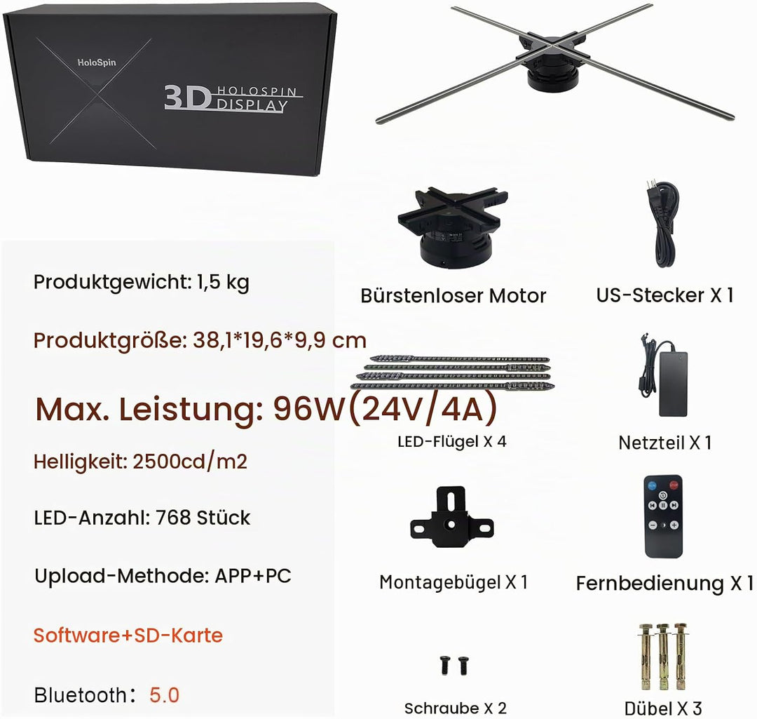 65CM 3D Hologramm Projektor mit WiFi und Bluetooth,3D Hologramm Fan mit 768 LEDs und 2500 cd/m² und