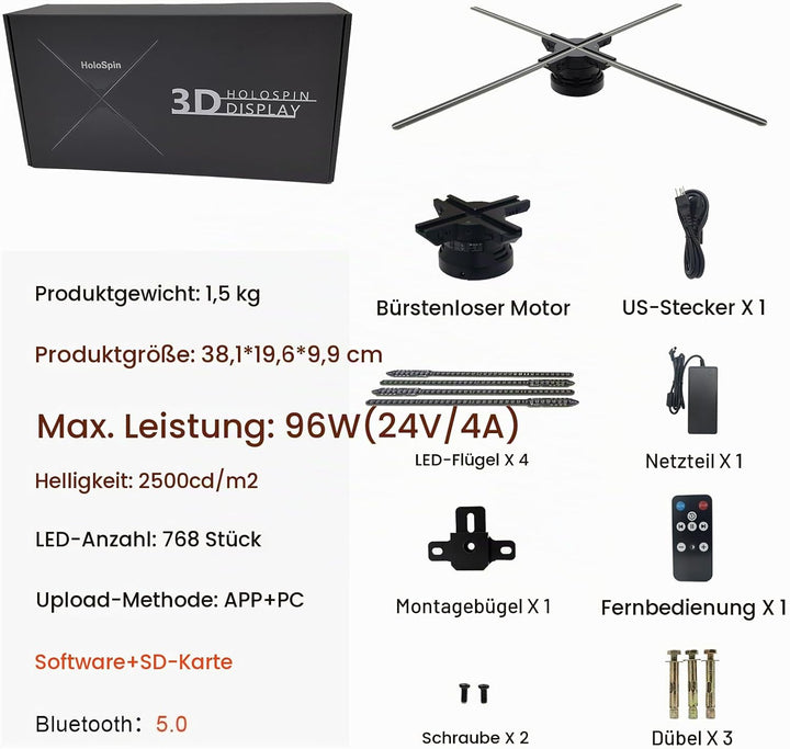 65CM 3D Hologramm Projektor mit WiFi und Bluetooth,3D Hologramm Fan mit 768 LEDs und 2500 cd/m² und