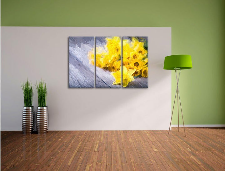 Pixxprint Bündel gelber Narzissen Kunst Pinsel Effekt 3-Teiler Leinwandbild 120x80 Bild auf Leinwand
