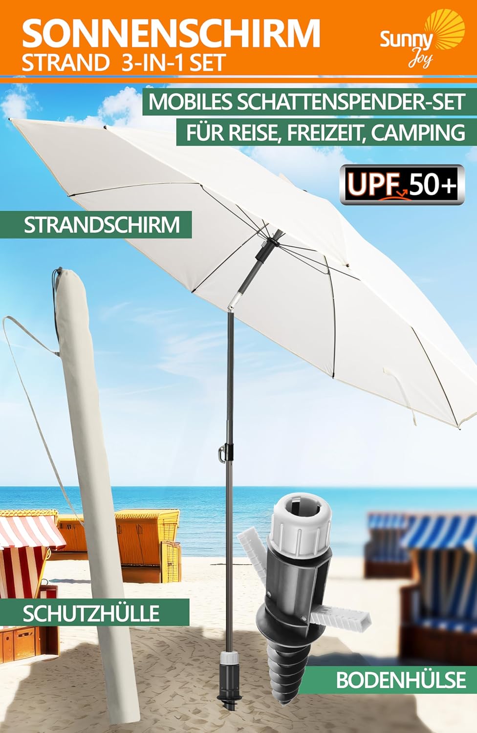 4smile Sonnenschirm Strand SunnyJoy 3-IN-1-SET, Fb. Beige - Strandschirm Ø 180 cm + Bodenhülse + Sch