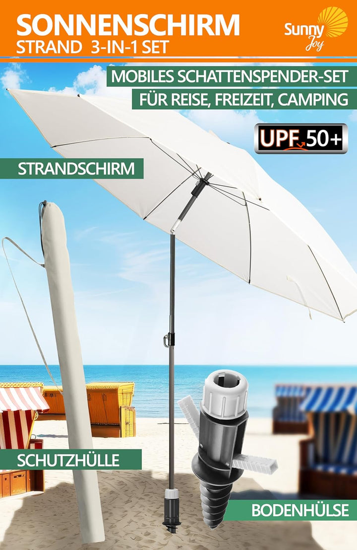 4smile Sonnenschirm Strand SunnyJoy 3-IN-1-SET, Fb. Beige - Strandschirm Ø 180 cm + Bodenhülse + Sch