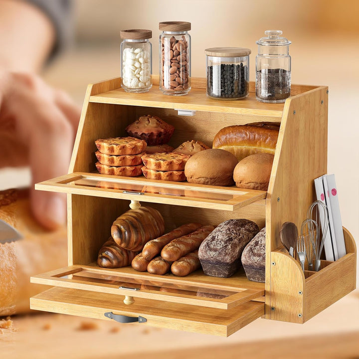 HOOBRO 2-stöckiger Brotkasten Bambus mit Schneidebrett und Besteckhalter, Brotbox mit Acryltüren, Br