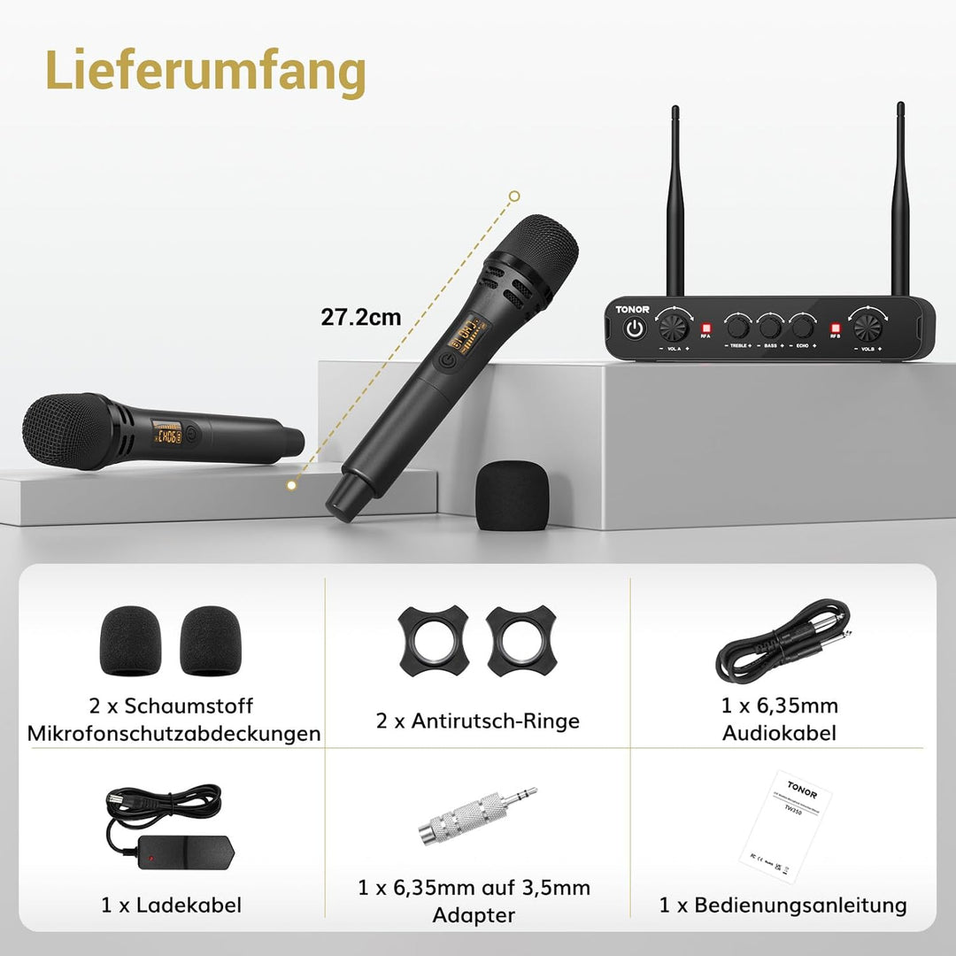 TONOR Dual Funkmikrofonen System kabellos, drahtloses Karaoke Mikrofon Set Wireless Microphone Handm