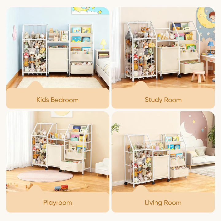 Bücherregal Kinder Mit Rollen, Spielzeugregal, Kinderzimmerregal mit 3-stöckige Aufbewahrungstasche