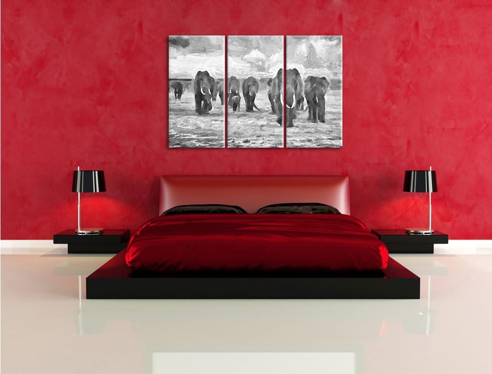 Pixxprint Elefanten Familie in der Savanne als Leinwandbild/Grösse: 3 Teilig (120x80) cm/Wandbild/Ku