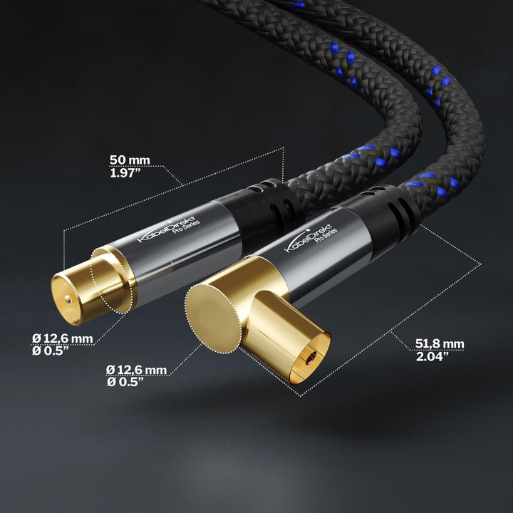 KabelDirekt – 4K Antennenkabel Nylon, TV Kabel 90° gewinkelt/gerade – 15m – Fernsehkabel mit Metalls