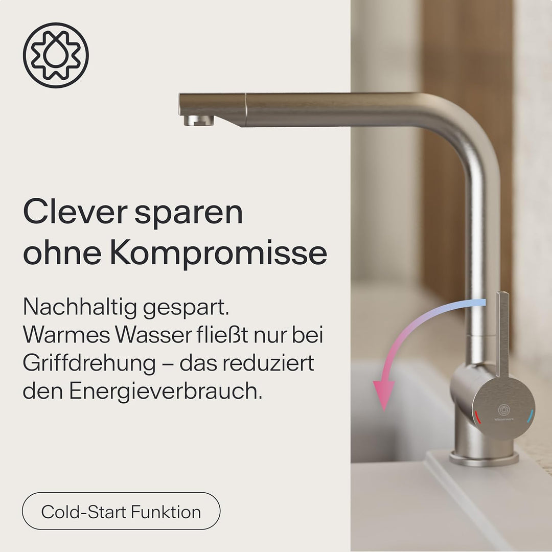 WK4 Küchenarmatur - Design-Wasserhahn Küche - Edelstahl-Optik - 360° drehbar - Armatur mit Energiesp