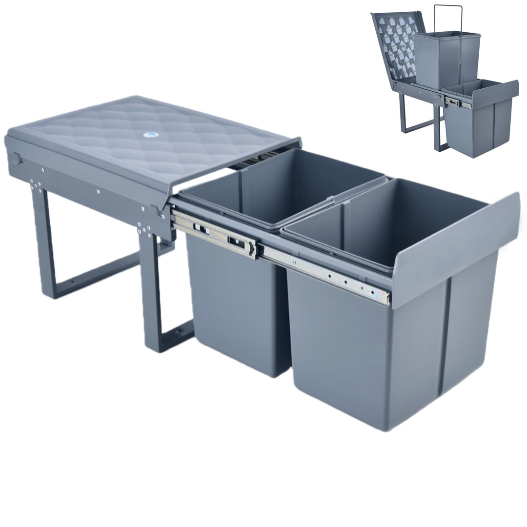 Einbaumülleimer Küche 2 Fächer (2x15L) – Mülltrennsystem,5-Punkt-Verstärkung,ausziehbarer Unterschra