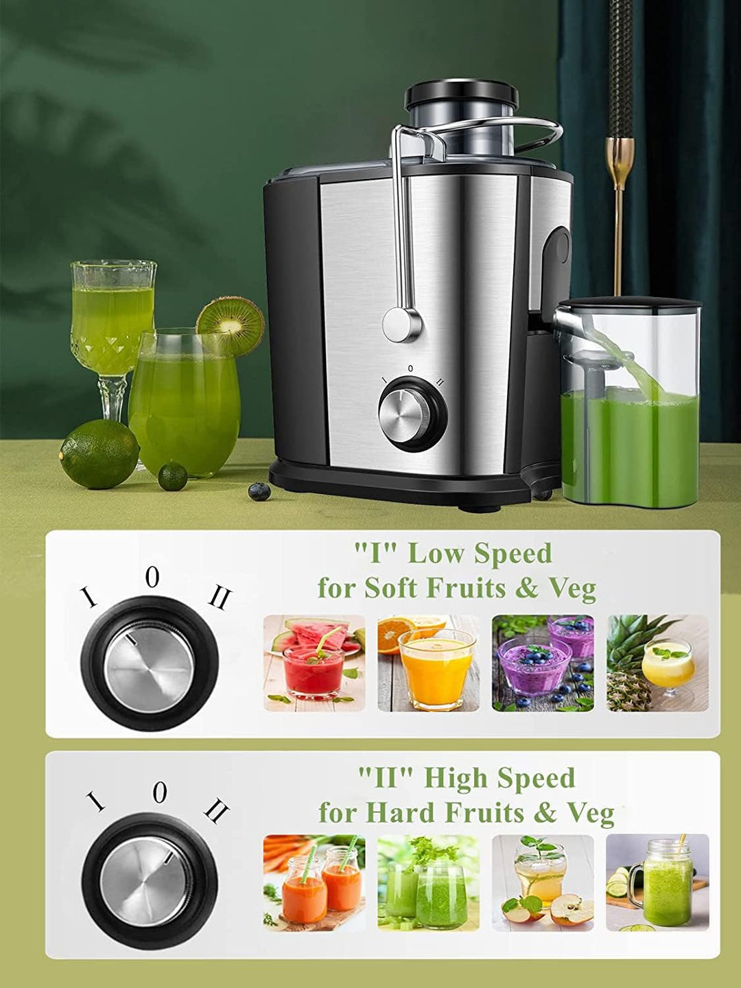 JUILIST Entsafter Gemüse und Obst, 600W Juicer mit Grosser Einfüllschacht (65 mm), 2 Geschwindigkeit