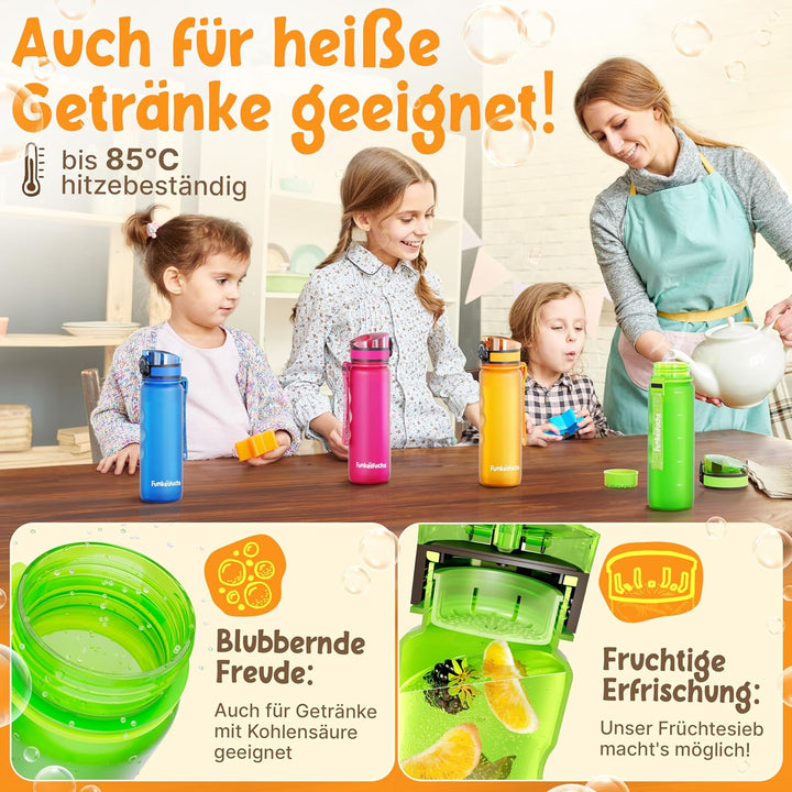 Funkelfuchs® - Trinkflasche für Kinder – 500ml, Grün – Kohlensäure geeignet - 100% auslaufsicher - W