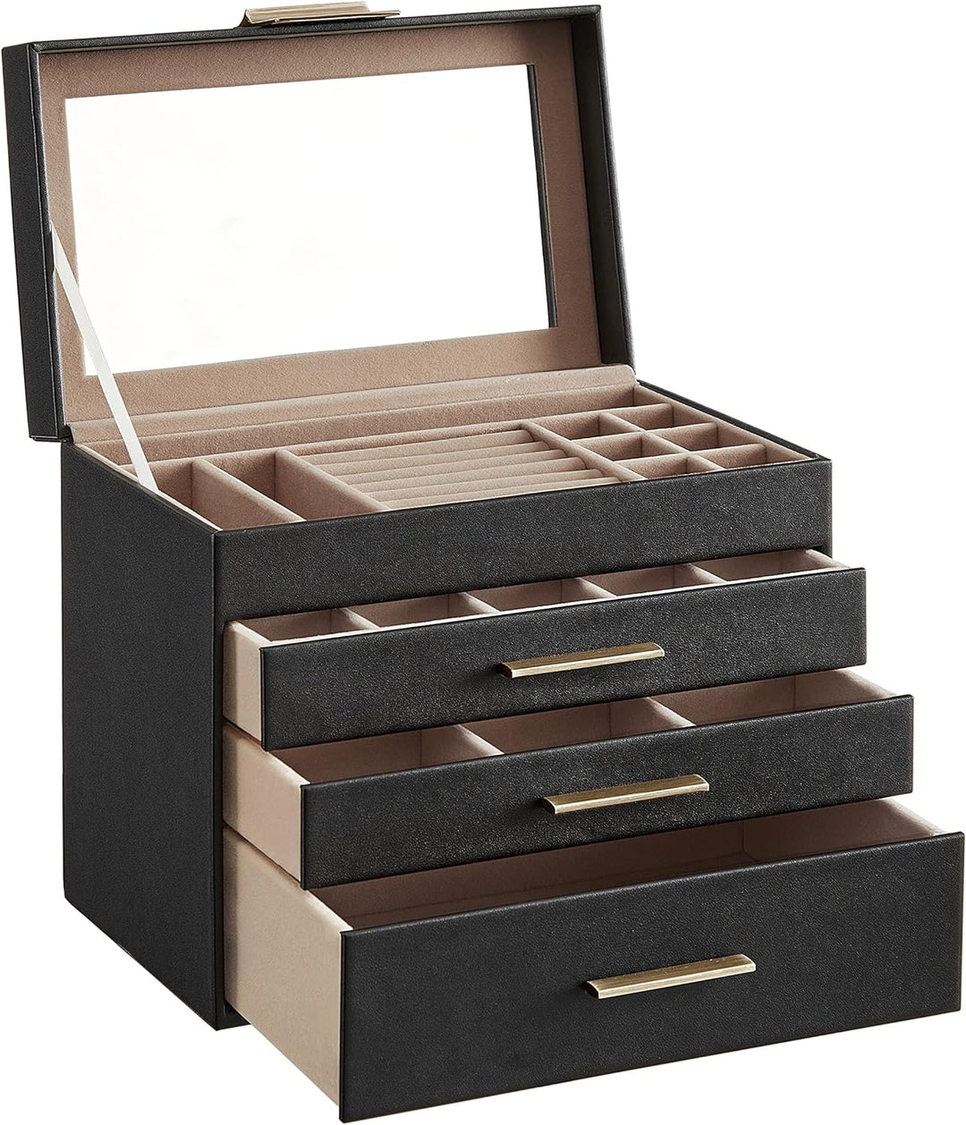 SONGMICS Schmuckkästchen, Schmuckkasten mit 4 Ebenen, Schmuckbox mit Glasdeckel, 3 Schubladen, für S